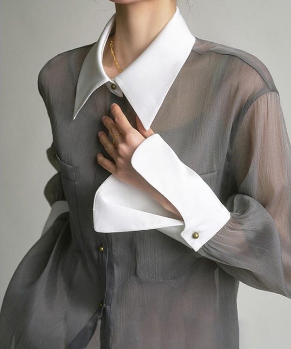 프랑스 패션투어 그레이 시스루 루즈핏 카라 퍼프스 셔츠